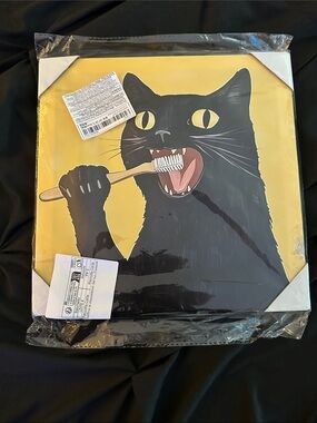 Black Cat Toothbrush Illustration Canvas - Yellow Background